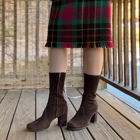 Vintage 70s platform boots brown suede mid calf zip up soft US 9 Italy round toe - Picture 10 of 10